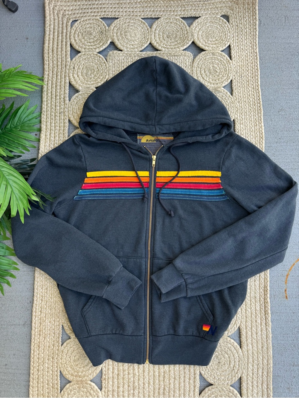 Aviator Nation Charcoal Grey Rainbow Stripe Zip Up Hoodie Size L